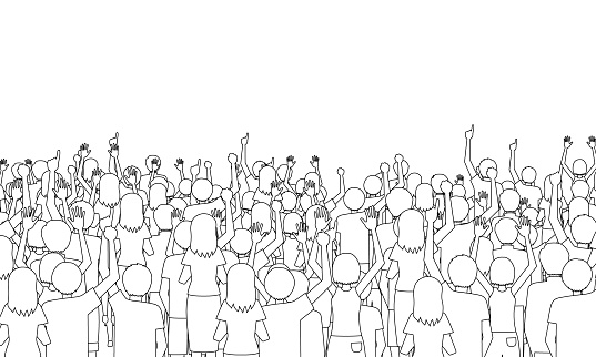 Illustration of the back of many spectators (white background, vector, Line art, cut out)