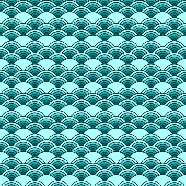 Turquoise or teal asian background with waves or scales. Seamless pattern in chinese style. chinese tapestry stock illustrations