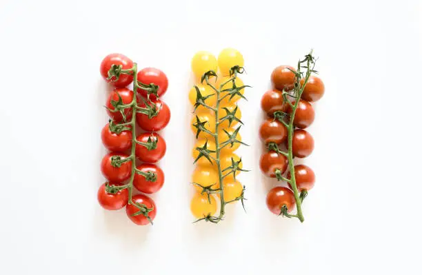 Freshness bunch of mix dark -orange, yellow-gold and red cherry-grape tomato with green branch on white background. Food nature sweet taste and  low acid .Vegetarien and appetizer idea.