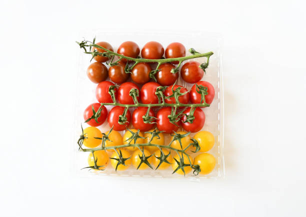 Freshness bunch of mix dark -orange, yellow-gold and red cherry-grape tomato with green branch on white background. Food nature sweet taste and  low acid .Vegetarien and appetizer idea. stock photo