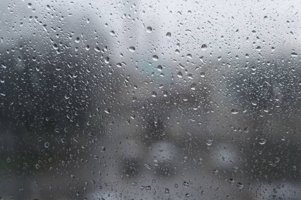 istock Raindrops on glass, close-up. Rainy weather. Blurred background 1319751572