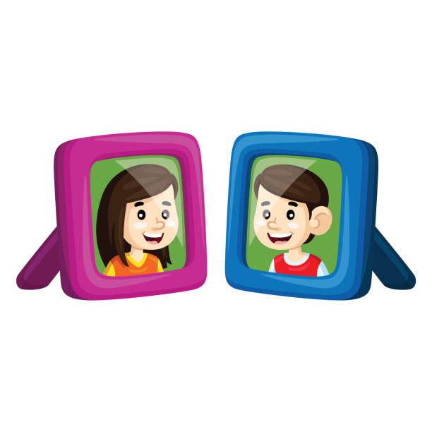 Boy and girl in photo frame. Illustration of cute cartoon Boy and girl in photo frame. family photo on wall stock illustrations