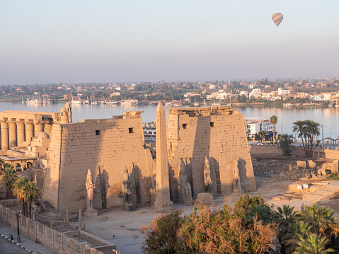 Aerial view of Luxor city, shot from an hot air balloon at sunrise