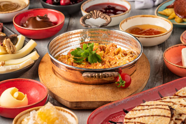 istock Traditional Turkish Breakfast served with traditional turkish tea on stone table 1319755157