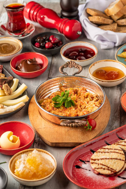 istock Traditional Turkish Breakfast served with traditional turkish tea on stone table 1319755198