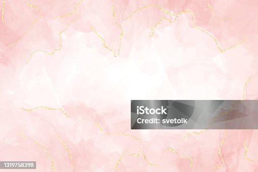 istock Abstract dusty blush liquid watercolor background with gold lines. Pastel rose marble alcohol ink drawing effect and golden foil cracks. Vector illustration design for wedding invitation 1319758398
