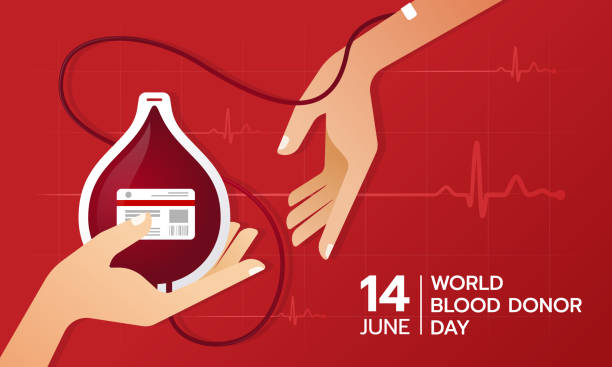 dünya kan bağış günü - bağışlanan kan, donör koldan kırmızı arka plan vektör tasarımında el ele tutuşarak damla şeklindeki kan torbasına alınır - world aids day stock illustrations