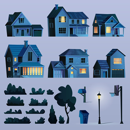 Set of suburban street elements at night, buildings with lights, late evening. Vector cottage houses, trees and bushes, lamp and waste bin, basketball stand cartoon icons. Urban town design objects