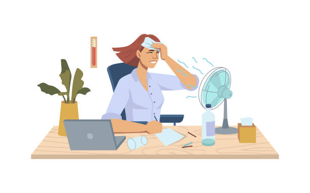 тепло в офисе, освежающий летний охладитель вентилятора дует на женщину на рабочем мест�е, стол с вентилятором, ноутбук, горшеное растение и  - office fan stock illustrations
