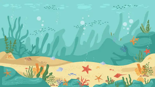 Vector illustration of Underwater world sea bottom, algae and coral reef, sea stars and fish, flat cartoon background. Vector aquarium with seafloor, marine wildlife scenery, bubbles. Seaweeds and stones undersea plants