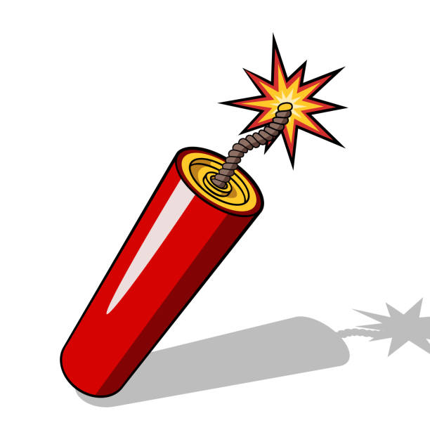 ilustrações de stock, clip art, desenhos animados e ícones de red dynamite stick icon with burning wick and shadow isolated on white background. vector illustration - bomb symbol explosive sparks