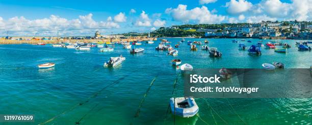 Fishing Boats Moored In Blue Harbour Panorama St Ives Cornwall Stock Photo - Download Image Now