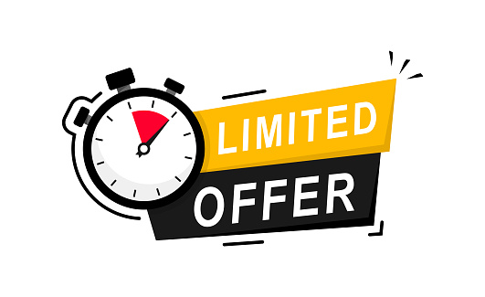 Limited offer icon with time countdown. Modern vector banner ribbon limited offer with stop watch. Super promo label with alarm clock and word. Offer sale or exclusive deal concept. Vector