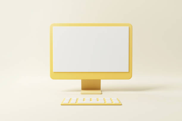 escritorio amarillo maqueta 3d minimal con pantalla en blanco en blanco, espacio de copia, ilustración de renderizado 3d. - pc notebook fotografías e imágenes de stock