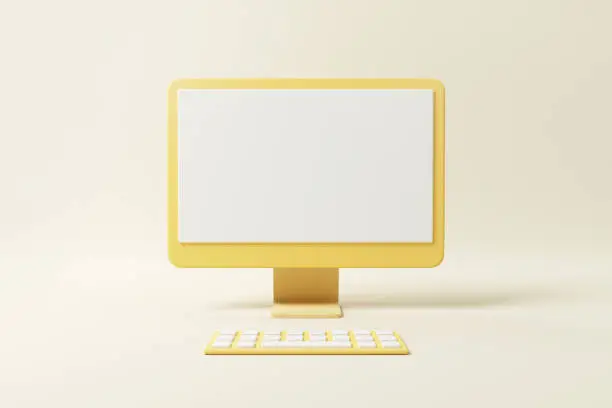 Photo of 3D Minimal mockup yellow desktop with white blank screen, copy space, 3d render illustration.
