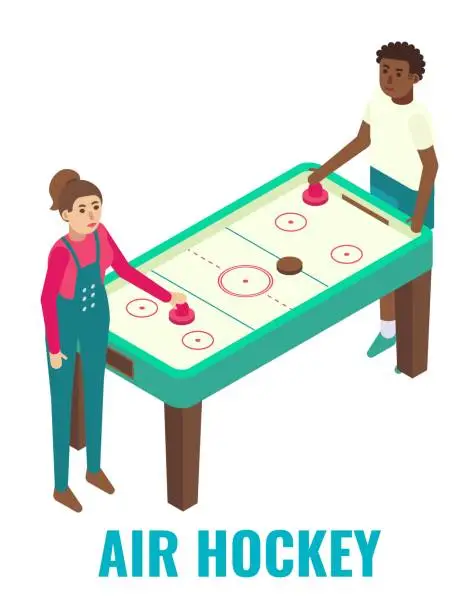 Vector illustration of Couple playing air hockey arcade game, vector isometric illustration. Club attractions, fun activities, entertainment