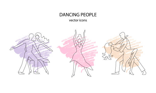 Dancing people line icons on pastel background Vector illustration of dancing people outlines on colorful backgrounds for banner, advertisement, invitation, social media design or print. Line drawings of two couples and one woman during the dance samba dancing stock illustrations