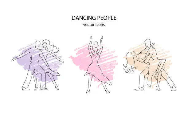 Vector illustration of Dancing people line icons on pastel background