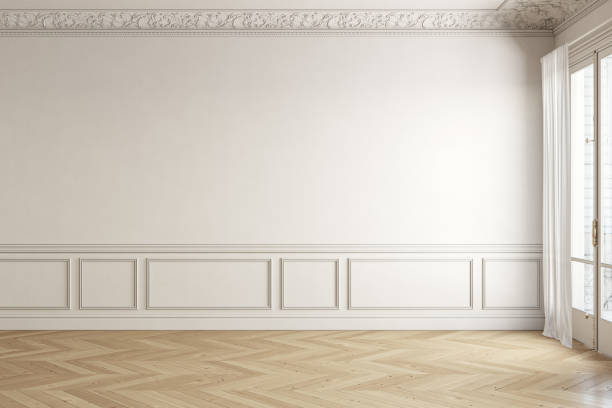 istock Beige-white classic empty interior with blank wall and moldings. 3d render illustration mock up. 1319763158