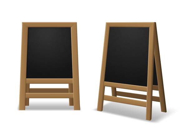 istock Announcement menu board. Black wooden realistic easel, sidewalk stand, restaurant board different angles for street menus. Empty outdoor promotion banner for chalk drawing vector 3d set 1319763581