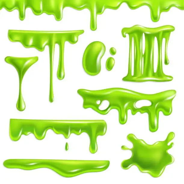 Vector illustration of Green slime realistic. Goo splashes and mucus smudges, slimy toxic blots. Halloween liquid decoration borders and frames, spot of poison dribble, bright 3d isolated texture. Vector set