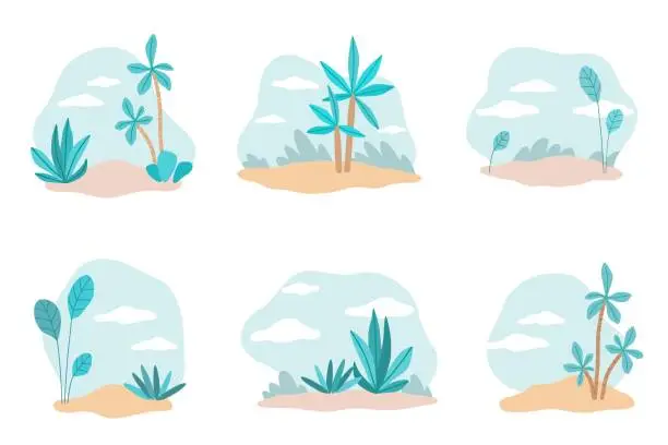 Vector illustration of Plants backdrops. Tropical trees and bushes collection, hand drawn palms, natural landscape, rainforest and jungle, sky and clouds, circle forms background, vector cartoon isolated set