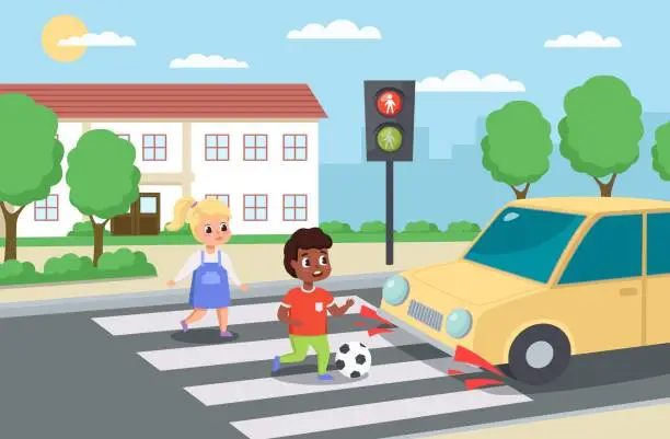Vector illustration of Violation road rules. Kids abruptly cross path, dangerous scene, playing ball roadway, sudden braking car, traffic problem. Warning light red signal, educational scene vector concept