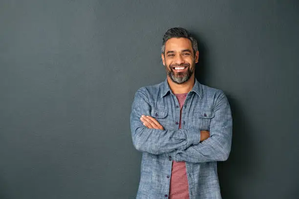 Handsome mid adult man with beard standing with crossed hands and looking at camera. Mature middle eastern man isolated against grey wall and smiling. Satisfied indian guy looking at camera with a big laugh.