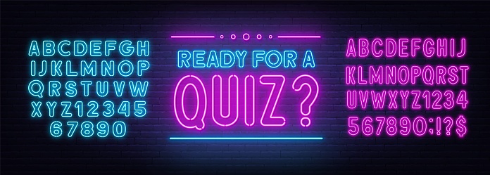 Ready for a Quiz neon sign on brick wall background. Glowing lettering. Pink and blue neon alphabets.