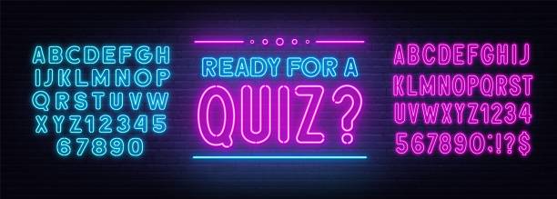 Ready for a Quiz neon sign on brick wall background. Ready for a Quiz neon sign on brick wall background. Glowing lettering. Pink and blue neon alphabets. quiz night stock illustrations