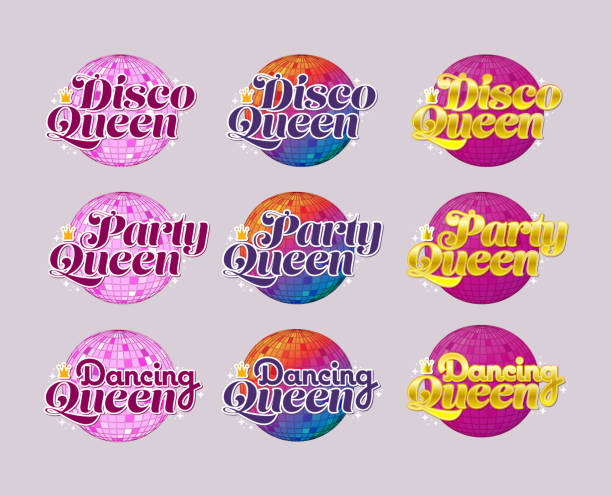 illustrations, cliparts, dessins animés et icônes de stickets de fête d’anniversaire de filles avec des étiquettes reines de boîte de nuit de boule disco - ceremonial dancing illustrations