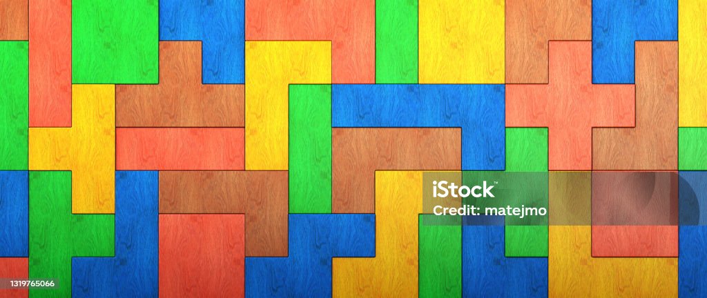 Colorful wooden puzzle background, front-view horizontal composition Block Stacking Video Game Stock Photo