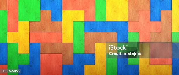 Colorful Wooden Puzzle Background Frontview Horizontal Composition Stock Photo - Download Image Now