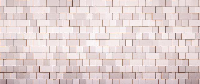 Simple plain white artificial brick wall with textured square blocks, front-view wide horizontal composition