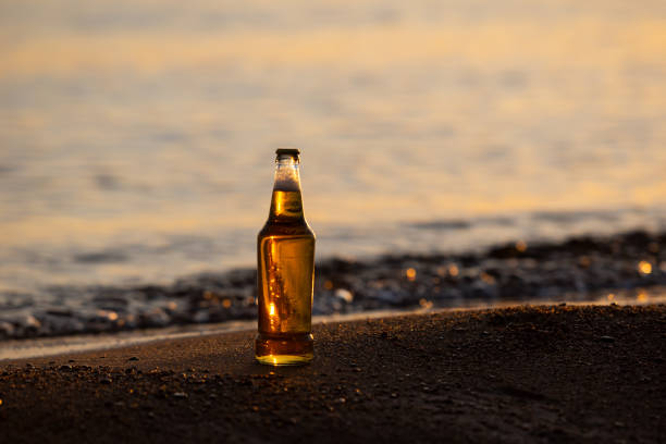 istock Bottle of Beer on the beach at sunset time 1319766107