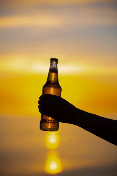 donne che tengono una bottiglia di birra a base di mezza estate tra le mani al tramonto. bottiglia di birra luce dorata dal sole, formando bolle di bokeh. profondità di campo superficiale - shadow focus on shadow women sunset foto e immagini stock