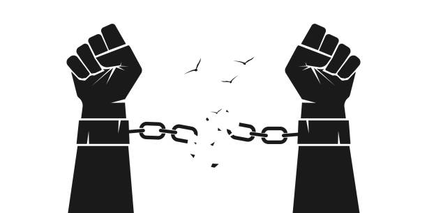 Hands are breaking steel handcuffs. Broken chains, shackles. Freedom concept. Isolated vector illustration. Broken chains, shackles. Freedom concept. Hands are breaking steel handcuffs. restraining device stock illustrations