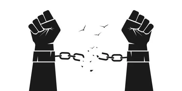 Vector illustration of Hands are breaking steel handcuffs. Broken chains, shackles. Freedom concept. Isolated vector illustration.