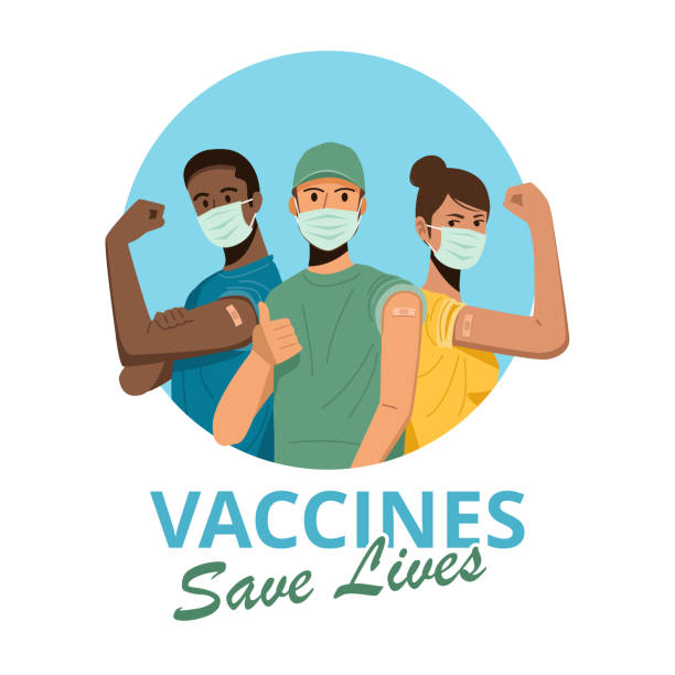快樂的人在接受 covid - 19 疫苗接種后展示手臂 - 注射疫苗 插圖 幅插畫檔、美工圖案、卡通及圖標
