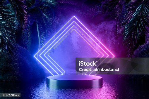 istock Empty Product Stand, Podium, Pedestal, Exhibition with Palm Trees and Neon Lights on Dark Background 1319770522