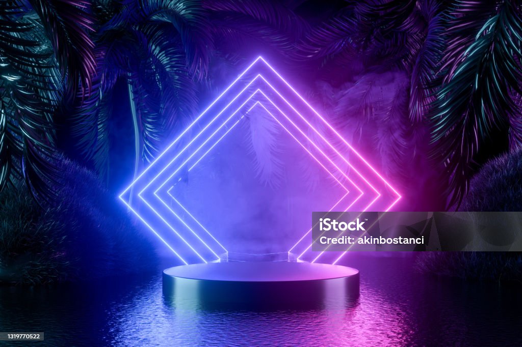 Empty Product Stand, Podium, Pedestal, Exhibition with Palm Trees and Neon Lights on Dark Background 3d rendering of Empty Product Stand, Podium, Pedestal, Exhibition with Palm Trees and Neon Lights on Dark Background. Copy space for image montage. Neon Lighting Stock Photo