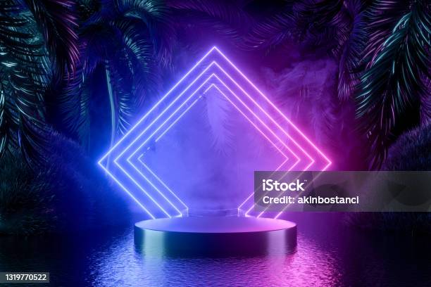 Empty Product Stand Podium Pedestal Exhibition With Palm Trees And Neon Lights On Dark Background Stock Photo - Download Image Now