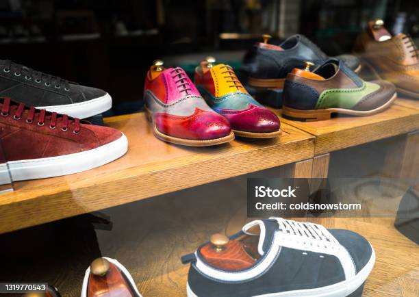 Colorful Leather Shoes In Shop Window Stock Photo - Download Image Now - No People, Shoe Store, Merchandise