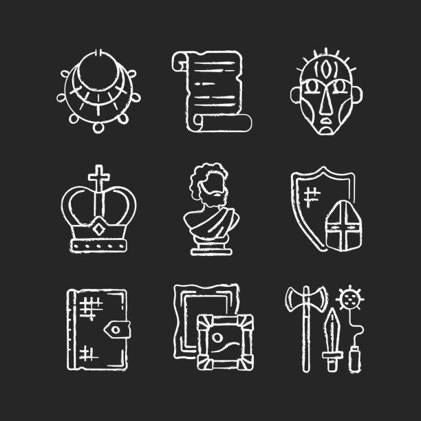 Museum exhibitions chalk white icons set on black background Museum exhibitions chalk white icons set on black background. Ancient jewelry. Historical manuscript. Ritual masks. Royal crown. Greek sculpture. Isolated vector chalkboard illustrations field trip clip art stock illustrations