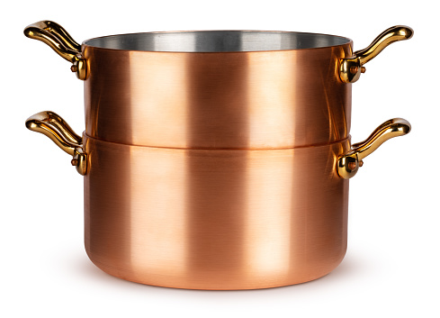 Copper cookware set isolated on white background, front view