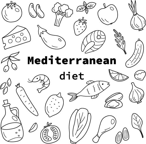 Banner with products of the Mediterranean diet in the doodle style. Vector illustration with sea food, vegetables, fruits, nuts. Perfect for decoration of a restaurant, grocery store, for articles about healthy food or for a recipe book cheese drawings stock illustrations