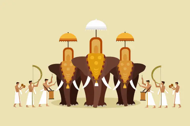 Vector illustration of Illustration of elephant pageant with people playing percussion instruments. A scene from Kerala's religious festival