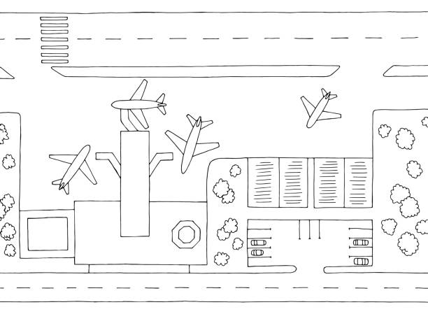 flughafen oben luftansicht grafik schwarz weiß plan skizze illustration vektor - aerial passenger line stock-grafiken, -clipart, -cartoons und -symbole