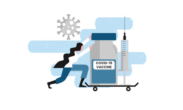 The nurse pushing a trolley with a large syringe and a large vaccine bottle. vector art illustration