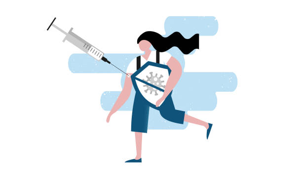 Girl holding an immunization shield with protection against coronavirus. vector art illustration